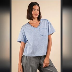 ​Newim Very J Denim Blue Mineral Wash Distressed V-Neck High Low Tee 100% Cotton